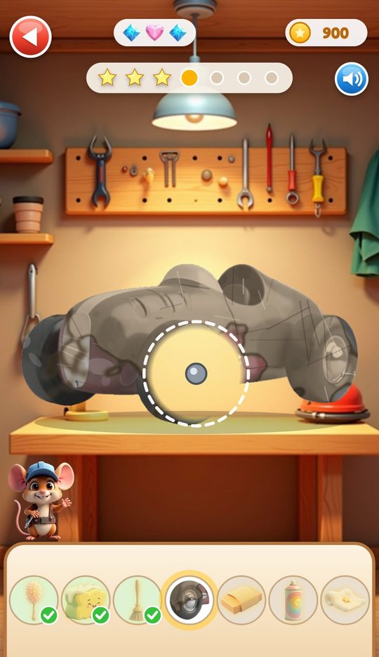 The fix stage: a dashed circle on the car where the missing wheel goes, with the wheel waiting in the tray