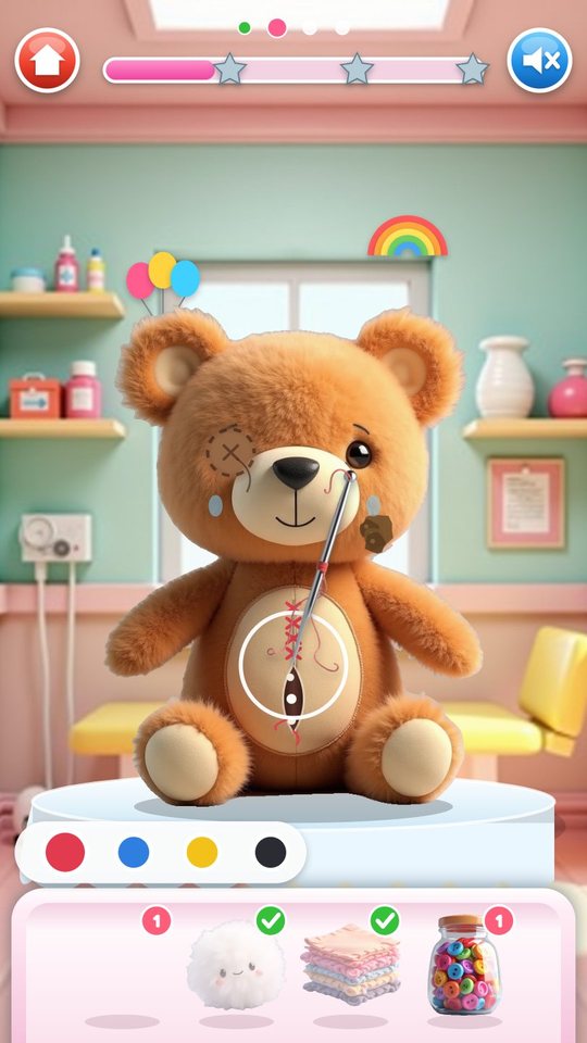 The needle sews red cross-stitches along the seam on the bear's tummy; four thread colours and the tray with cotton, patches and the button jar are below