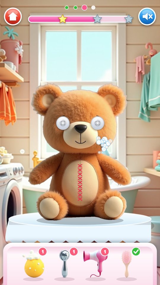 The bear in the bathroom with foam on its cheek; the tray shows the soapy sponge, the shower head, the hair dryer and the brush