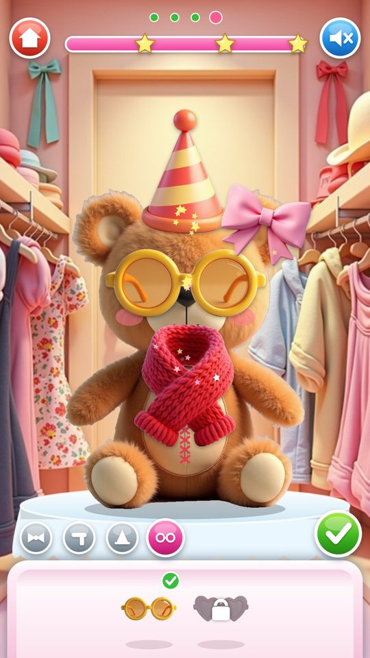 The mended bear in the wardrobe wearing a party hat, a pink bow, round yellow glasses and a red scarf, with accessory tabs and a green tick below