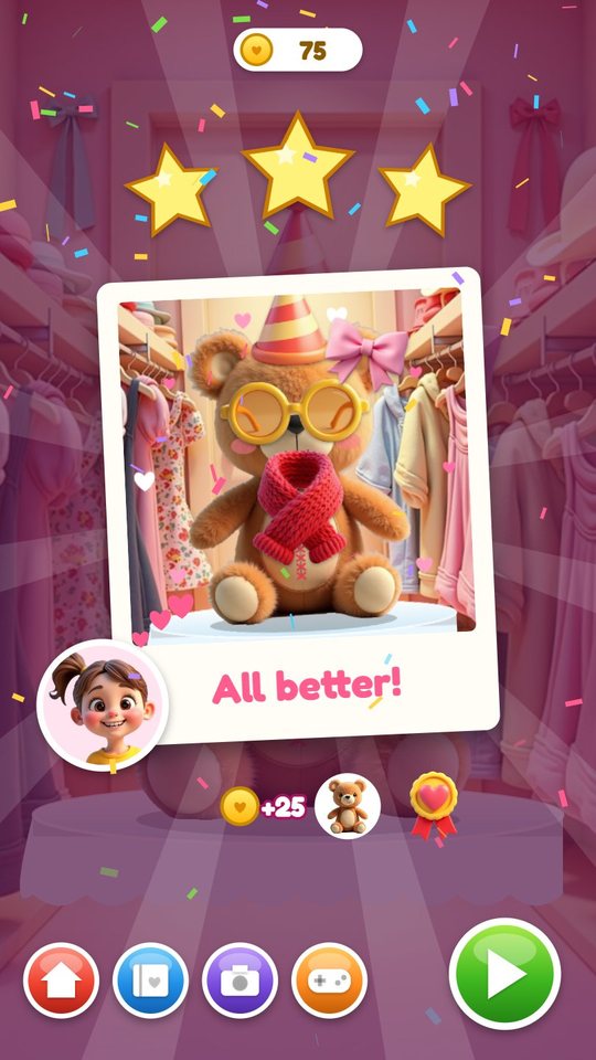 The result card: three gold stars, a photo of the dressed bear with the words All better, the smiling owner, plus 25 coins, a sticker and a medal