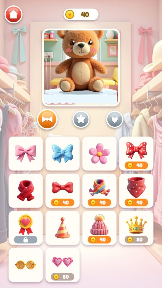 The shop: a preview of the bear and fourteen accessories, some free and some priced at 40 or 80 coins, with tabs for wallpapers and table cloths