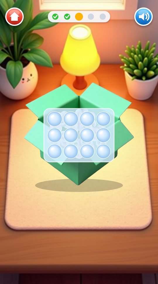 An open green kraft parcel on a desk with a sheet of 12 bubbles waiting to be popped, two of five step dots ticked