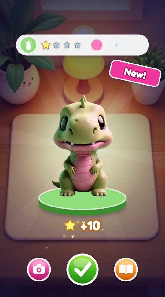 A green dinosaur toy on a podium with a ribbon marking it as new and ten stars earned