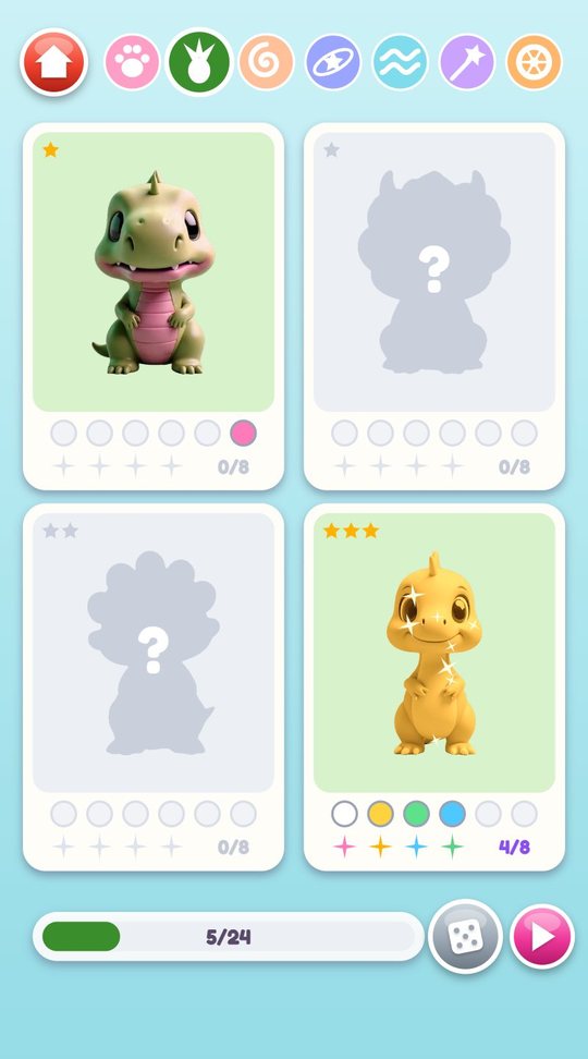 Album page of the dinosaur series with two toys found, two still hidden and a progress bar at 5 of 24