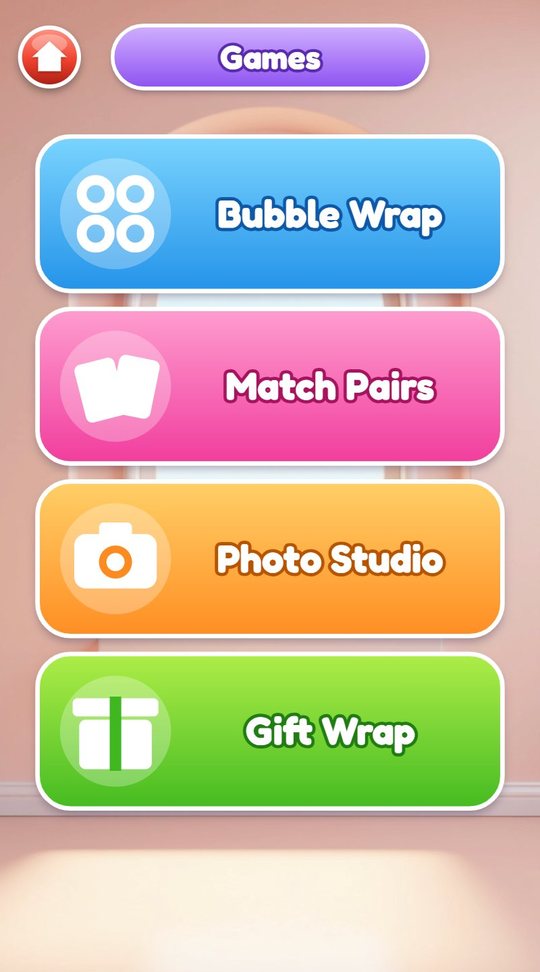 Games menu with four buttons: Bubble Wrap, Match Pairs, Photo Studio and Gift Wrap